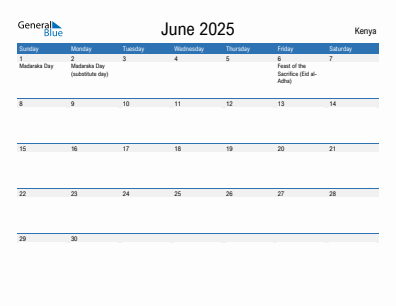 Current month calendar with Kenya holidays for June 2025