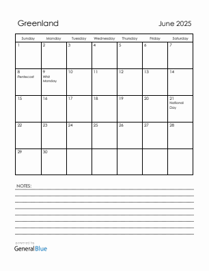 Current month calendar with Greenland holidays for June 2025