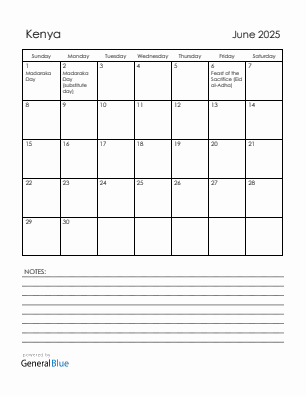 Current month calendar with Kenya holidays for June 2025
