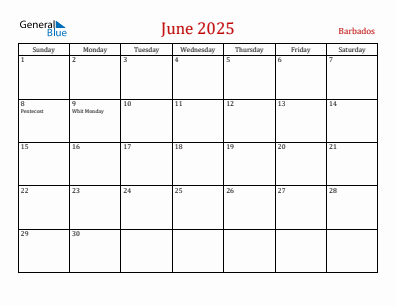 Current month calendar with Barbados holidays for June 2025