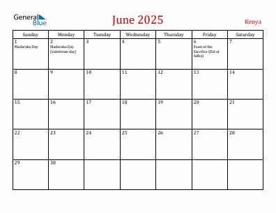 Current month calendar with Kenya holidays for June 2025