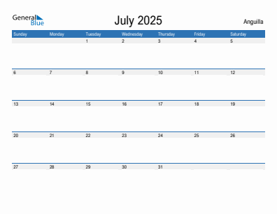 Current month calendar with Anguilla holidays for July 2025