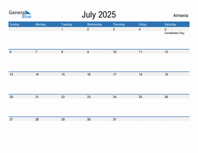 Current month calendar with Armenia holidays for July 2025