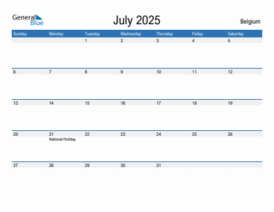 Current month calendar with Belgium holidays for July 2025