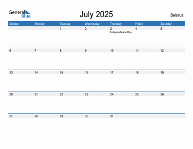 Current month calendar with Belarus holidays for July 2025