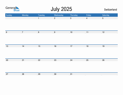 Current month calendar with Switzerland holidays for July 2025