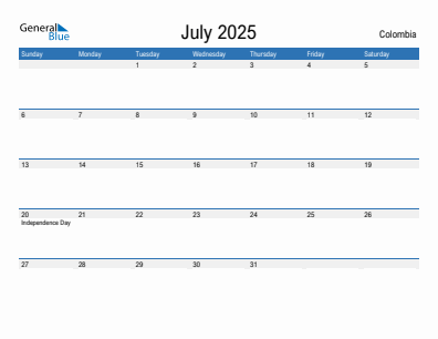 Current month calendar with Colombia holidays for July 2025