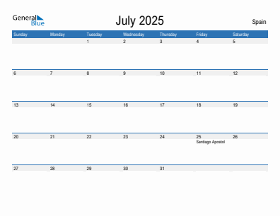 Current month calendar with Spain holidays for July 2025