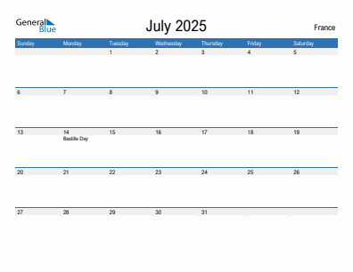 Current month calendar with France holidays for July 2025