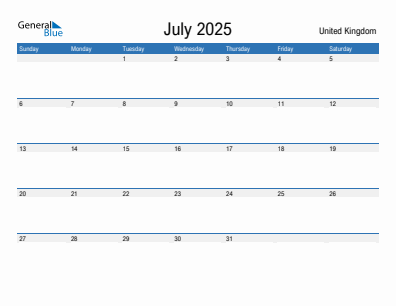 Current month calendar with United Kingdom holidays for July 2025