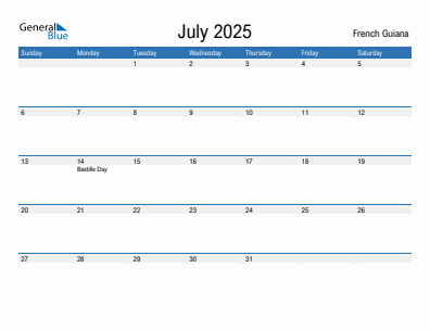 Current month calendar with French Guiana holidays for July 2025