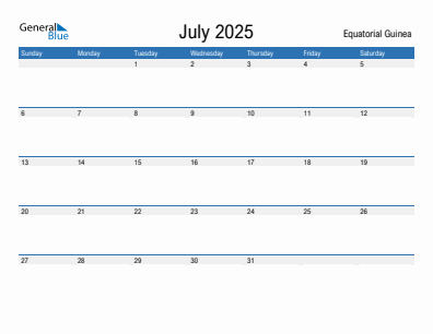 Current month calendar with Equatorial Guinea holidays for July 2025