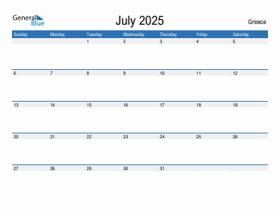 Current month calendar with Greece holidays for July 2025