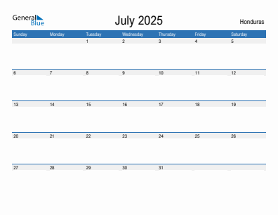 Current month calendar with Honduras holidays for July 2025