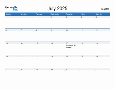Current month calendar with Lesotho holidays for July 2025