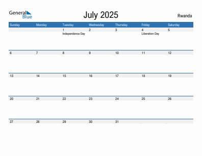 Current month calendar with Rwanda holidays for July 2025