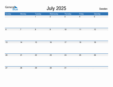Current month calendar with Sweden holidays for July 2025