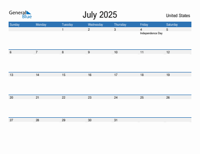 Current month calendar with United States holidays for July 2025