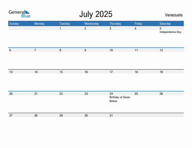 Current month calendar with Venezuela holidays for July 2025