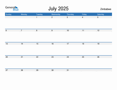 Current month calendar with Zimbabwe holidays for July 2025