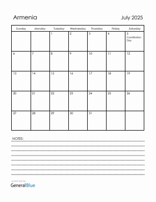 Current month calendar with Armenia holidays for July 2025
