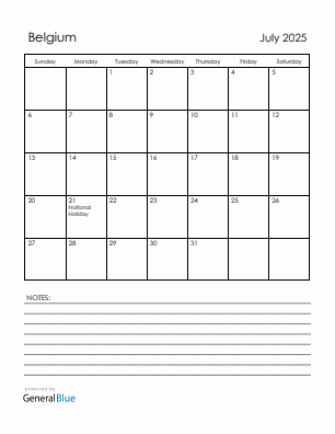 Current month calendar with Belgium holidays for July 2025