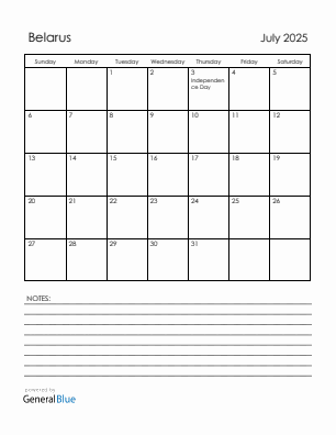 Current month calendar with Belarus holidays for July 2025