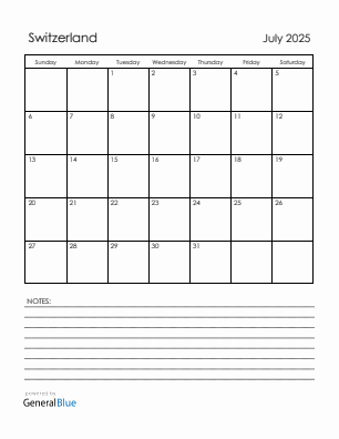 Current month calendar with Switzerland holidays for July 2025