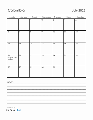 Current month calendar with Colombia holidays for July 2025