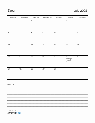 Current month calendar with Spain holidays for July 2025