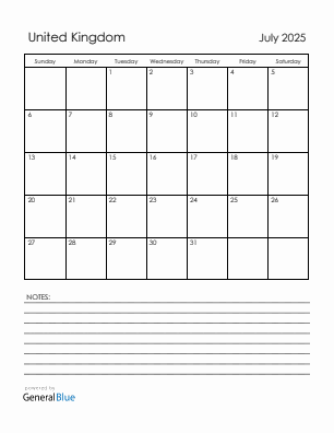 Current month calendar with United Kingdom holidays for July 2025