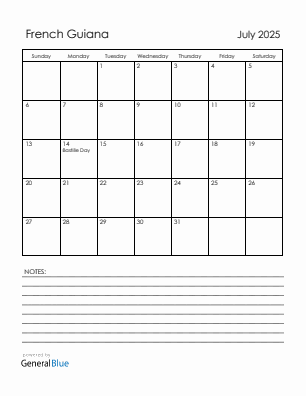 Current month calendar with French Guiana holidays for July 2025