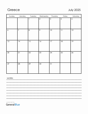 Current month calendar with Greece holidays for July 2025