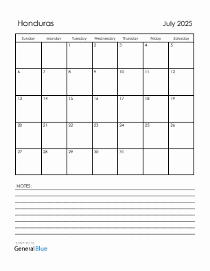 Current month calendar with Honduras holidays for July 2025