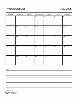 Current month calendar with Madagascar holidays for July 2025