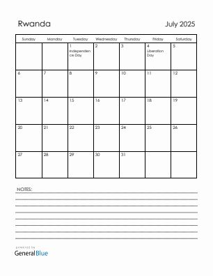 Current month calendar with Rwanda holidays for July 2025
