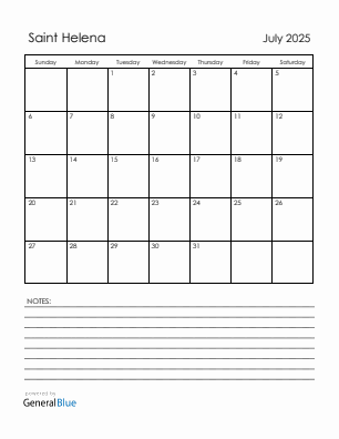Current month calendar with Saint Helena holidays for July 2025
