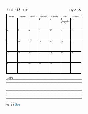 Current month calendar with United States holidays for July 2025