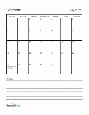 Current month calendar with Vietnam holidays for July 2025