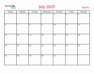 Current month calendar with Anguilla holidays for July 2025