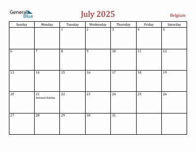 Current month calendar with Belgium holidays for July 2025
