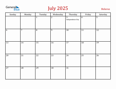 Current month calendar with Belarus holidays for July 2025
