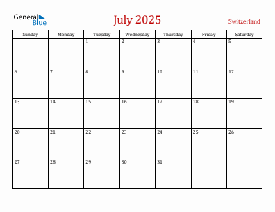 Current month calendar with Switzerland holidays for July 2025