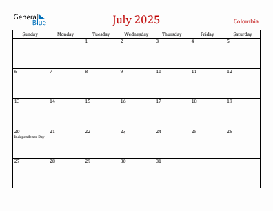 Current month calendar with Colombia holidays for July 2025