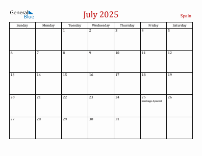 Current month calendar with Spain holidays for July 2025