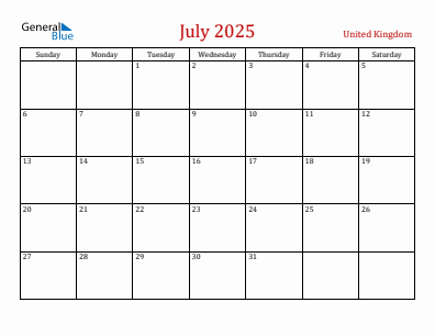 Current month calendar with United Kingdom holidays for July 2025