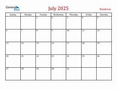 Current month calendar with Honduras holidays for July 2025