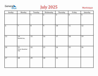 Current month calendar with Martinique holidays for July 2025