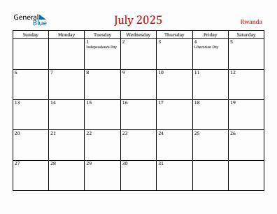 Current month calendar with Rwanda holidays for July 2025