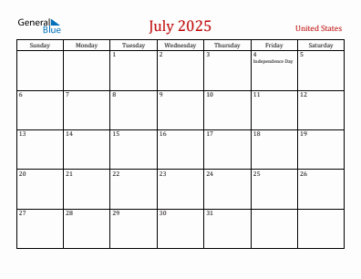 Current month calendar with United States holidays for July 2025